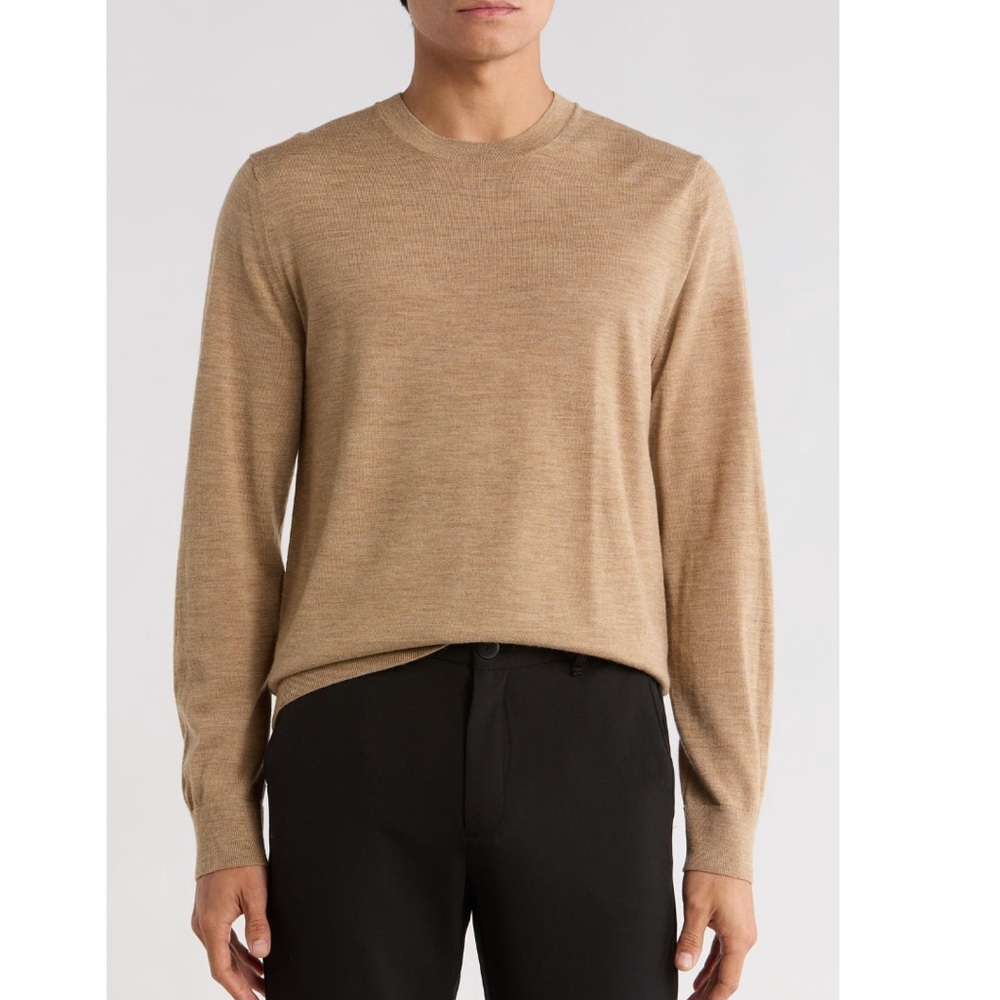 Vince Men's Crew Neck Merino Wool Sweater, Designer Khaki Beige, Size Large, NWT